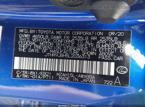 JTHR9JBH5L2036313 2020 LEXUS UX 250H Blue Vista del compartimento del motor