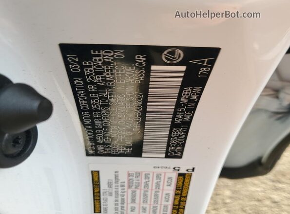 JTHR9JBH8M2046027 2021 LEXUS UX White VIN კოდის სტიკერის ხედი
