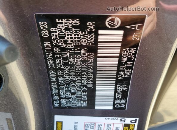 JTHR9JBH9R2076063 2024 LEXUS UX Gray Widok naklejki z numerem VIN