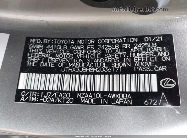 JTHX3JBH8M2036171 2021 LEXUS UX 200 Champagne Vista del compartimento del motor