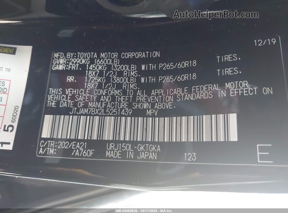 JTJAM7BX2L5251439 2020 LEXUS GX 460 Black Vista del compartimento del motor