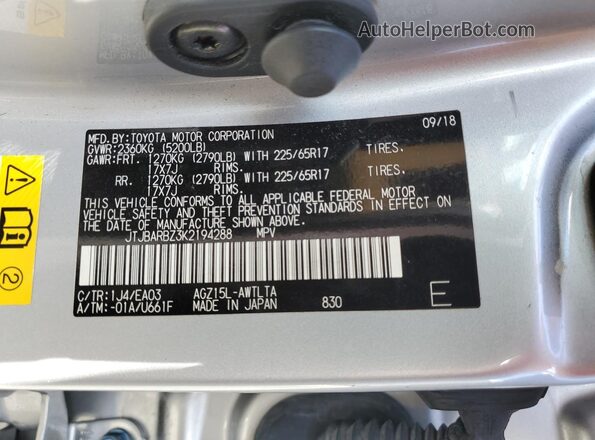 JTJBARBZ3K2194288 2019 LEXUS NX Silver Vista de la etiqueta del VIN