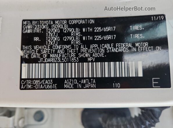 JTJDARBZ3L5011853 2020 LEXUS NX White Вид наклейки з VIN-кодом