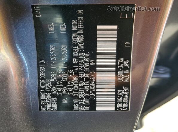 JTJHY7AX7H4237716 2017 LEXUS LX Gray Widok naklejki z numerem VIN