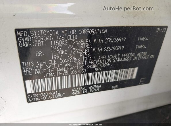 JTMA1RFV8LD057553 2020 TOYOTA LE White Vista del compartimento del motor