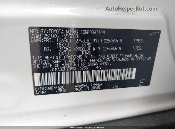 JTMAB3FV3MD053938 2021 TOYOTA RAV4 PRIME White Vista del compartimento del motor