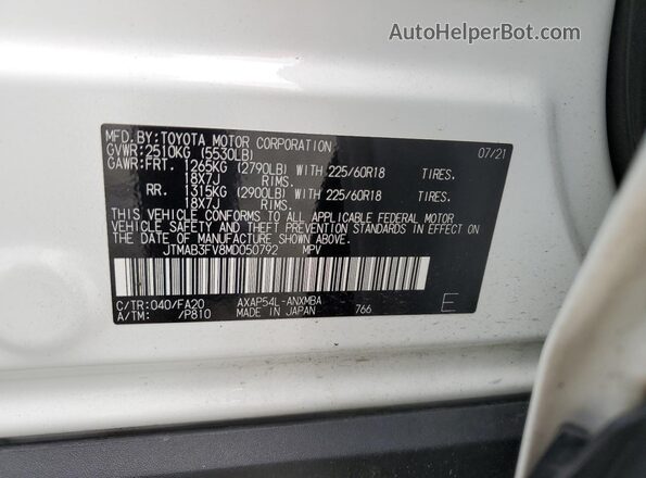 JTMAB3FV8MD050792 2021 TOYOTA RAV4 White 