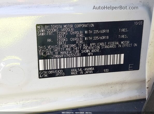 JTMB6RFV7RD550381 2024 TOYOTA LE White Vista del compartimento del motor