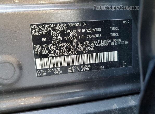 JTMCB3FV9MD045805 2021 TOYOTA RAV4 Gray Widok naklejki z numerem VIN
