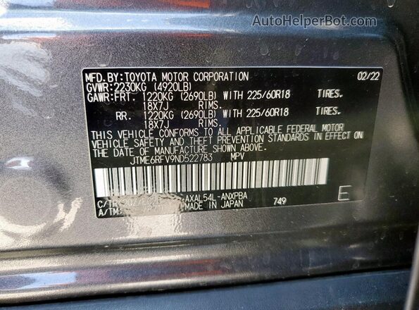 JTME6RFV9ND522783 2022 TOYOTA RAV4 Gray Вид наклейки з VIN-кодом