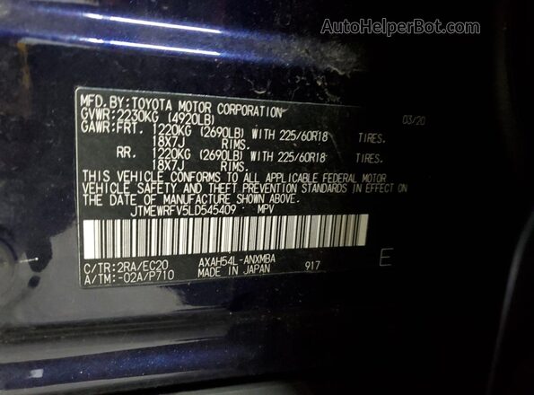 JTMEWRFV5LD545409 2020 TOYOTA RAV4 Blue Vista interior de 360 grados