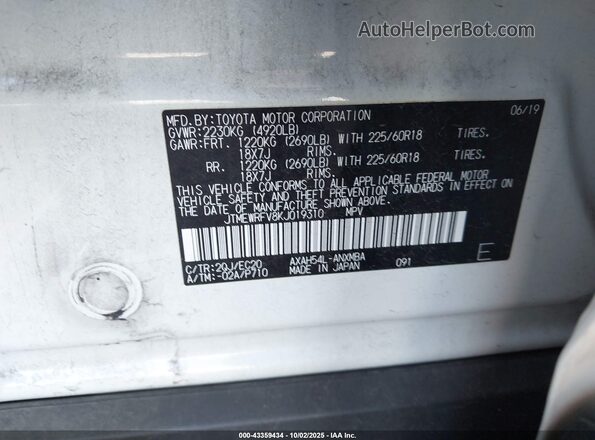 JTMEWRFV8KJ019310 2019 TOYOTA RAV4 HYBRID White Вид підкапотного простору