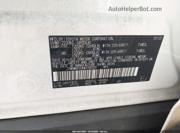 JTMRWRFV3ND159320 2022 TOYOTA LE White Vista del compartimento del motor