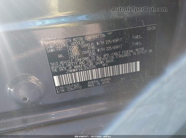 JTMRWRFV4LD063595 2020 TOYOTA LE Gray Vista del compartimento del motor