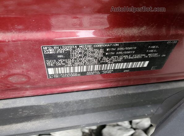 JTMY1RFV5LD520151 2020 TOYOTA LIMITED Burgundy VIN կոդի պիտակի տեսք
