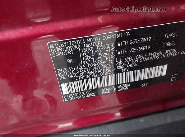 JTMY1RFV6LJ018038 2020 TOYOTA LIMITED Red Widok komory silnika
