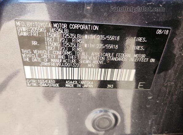 JTMYFREV9JJ201322 2018 TOYOTA LIMITED Gray Vista del compartimento del motor
