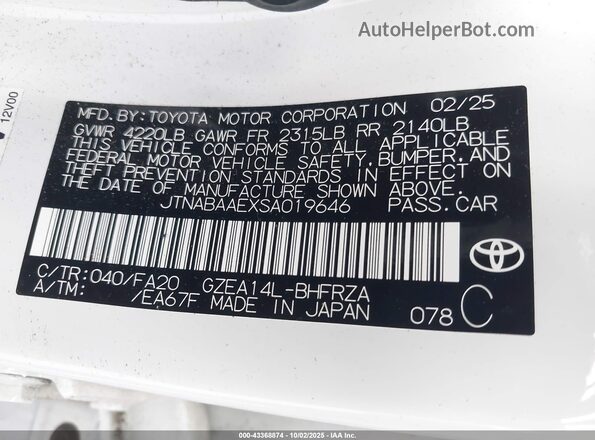 JTNABAAEXSA019646 2025 TOYOTA LL White ძრავის განყოფილების ხედი