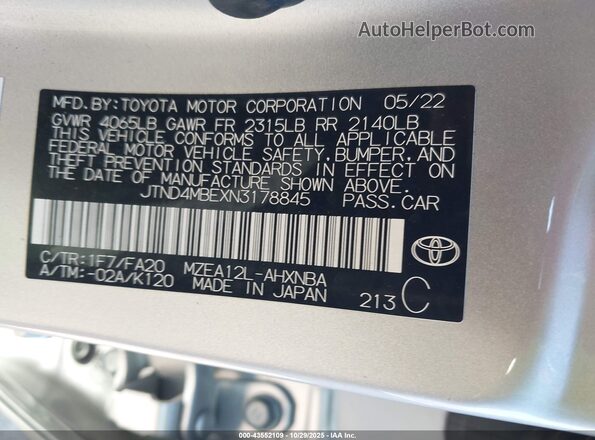 JTND4MBEXN3178845 2022 TOYOTA LL Серебряный Вид подкапотного пространства