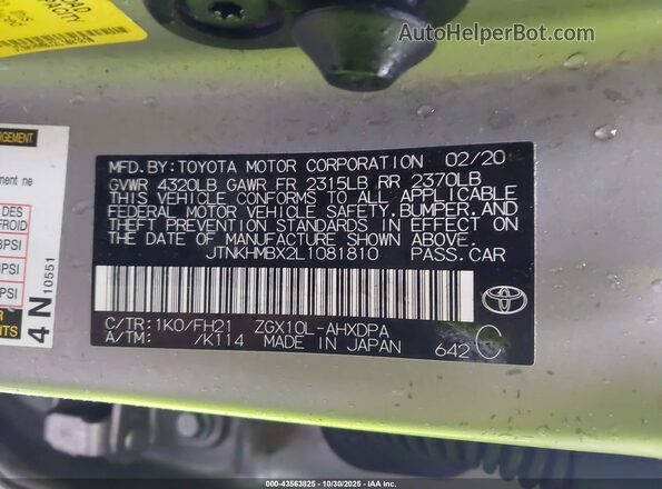 JTNKHMBX2L1081810 2020 TOYOTA LE Серый Вид подкапотного пространства