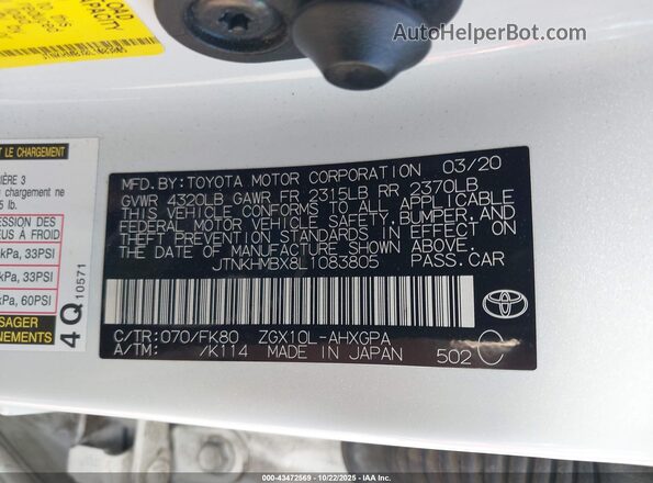 JTNKHMBX8L1083805 2020 TOYOTA LE White Շարժիչի բաժամունքի տեսք