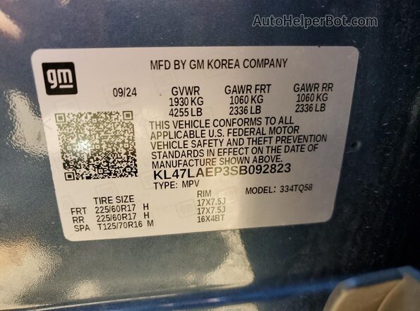 KL47LAEP3SB092823 2025 BUICK OTHER Blue VIN კოდის სტიკერის ხედი