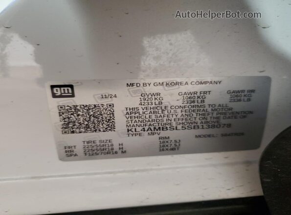KL4AMBSL5SB138078 2025 BUICK ENCORE White Vista de la etiqueta del VIN