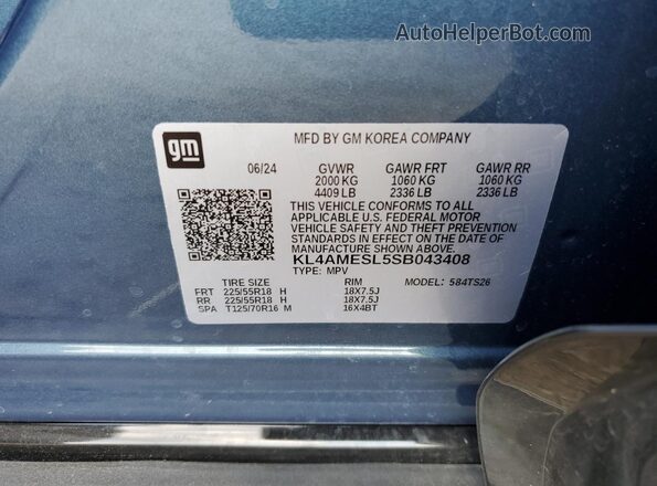 KL4AMESL5SB043408 2025 BUICK ENCORE Blue VIN sticker view