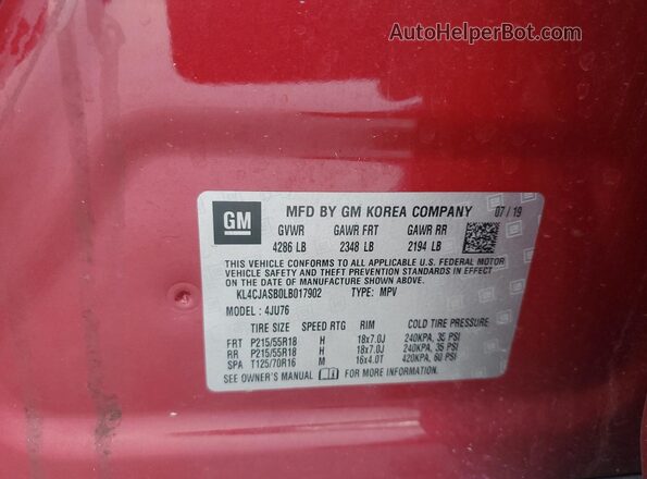 KL4CJASB0LB017902 2020 BUICK ENCORE Red Vista del compartimento del motor