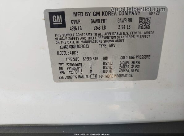 KL4CJASB0LB350343 2020 BUICK ENCORE White Շարժիչի բաժամունքի տեսք