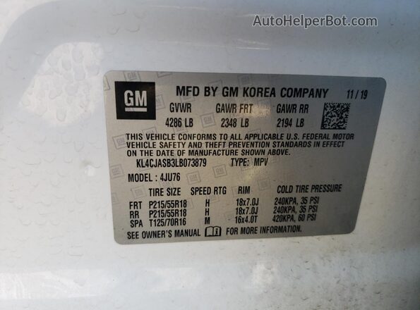 KL4CJASB3LB073879 2020 BUICK ENCORE White ძრავის განყოფილების ხედი