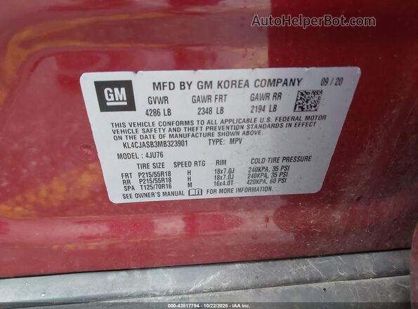 KL4CJASB3MB323901 2021 BUICK ENCORE Red 