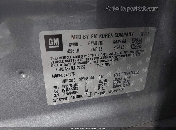 KL4CJASB4LB025257 2020 BUICK ENCORE Gray Widok komory silnika