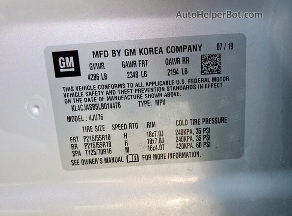 KL4CJASB5LB014476 2020 BUICK ENCORE Silver VIN sticker view