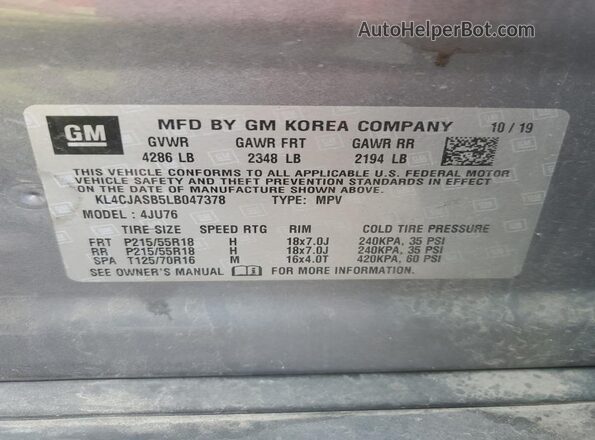 KL4CJASB5LB047378 2020 BUICK ENCORE Silver 360 interior view