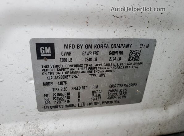 KL4CJASB8KB717357 2019 BUICK ENCORE White Widok naklejki z numerem VIN