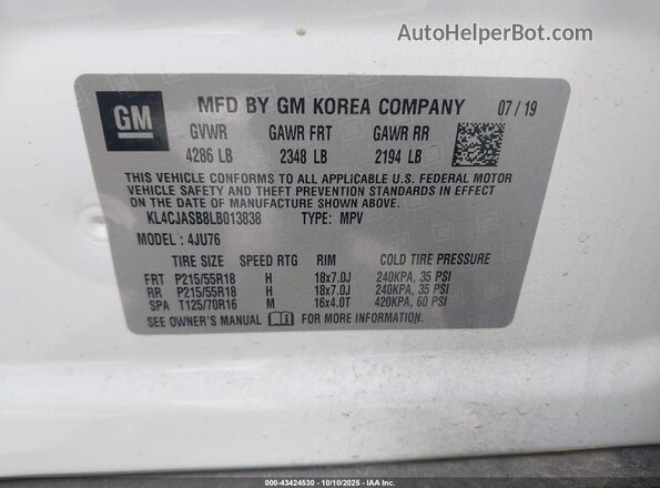 KL4CJASB8LB013838 2020 BUICK ENCORE Белый Вид подкапотного пространства