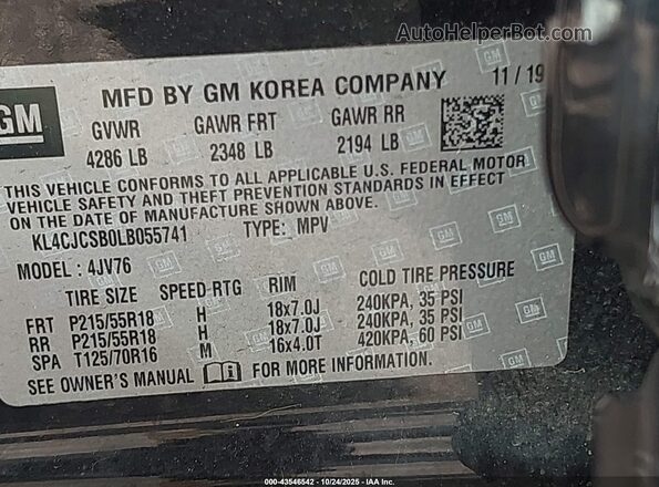 KL4CJCSB0LB055741 2020 BUICK ENCORE Black ძრავის განყოფილების ხედი