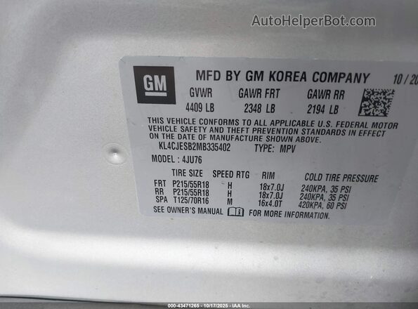 KL4CJESB2MB335402 2021 BUICK ENCORE Silver Engine compartment view