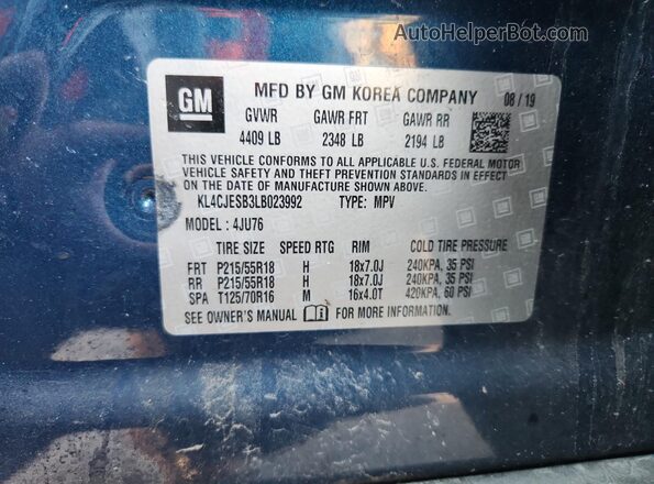 KL4CJESB3LB023992 2020 BUICK ENCORE Синий Вид наклейки с VIN-кодом