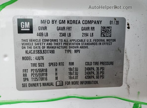 KL4CJESB3LB317490 2020 BUICK ENCORE White 360 interior view