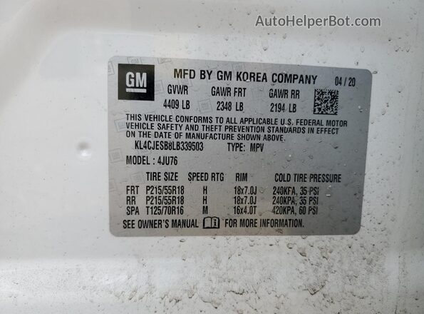 KL4CJESB8LB339503 2020 BUICK ENCORE White VIN sticker view