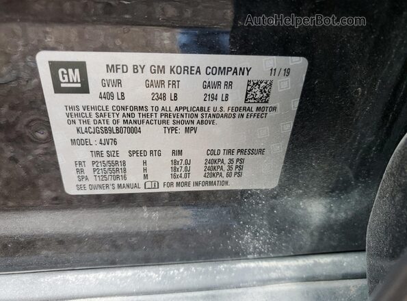 KL4CJGSB9LB070004 2020 BUICK ENCORE Black Widok naklejki z numerem VIN