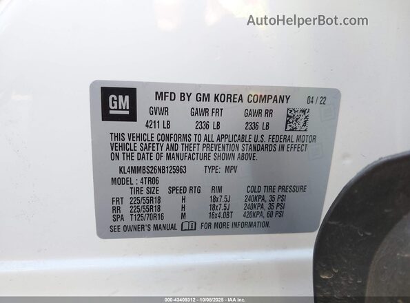 KL4MMBS26NB125963 2022 BUICK ENCORE White Вид підкапотного простору