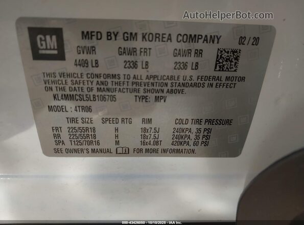 KL4MMCSL5LB106705 2020 BUICK ENCORE White Engine compartment view