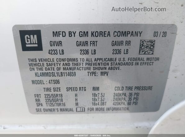 KL4MMDSL1LB114659 2020 BUICK ENCORE Белый Вид подкапотного пространства