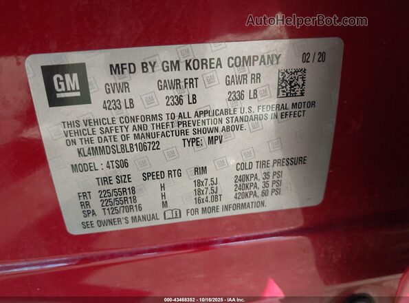 KL4MMDSL8LB106722 2020 BUICK ENCORE Red Engine compartment view