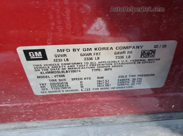KL4MMDSL8LB110074 2020 BUICK ENCORE Red VIN sticker view