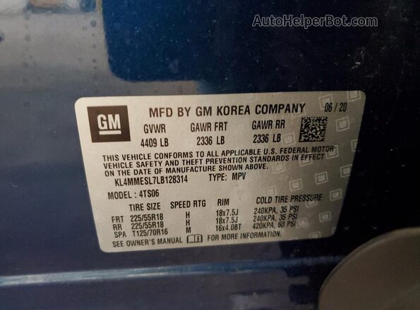 KL4MMESL7LB128314 2020 BUICK ENCORE Blue Панорамний вид салону 360°