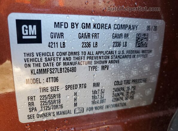 KL4MMFS27LB126480 2020 BUICK ENCORE Brown Вид наклейки з VIN-кодом